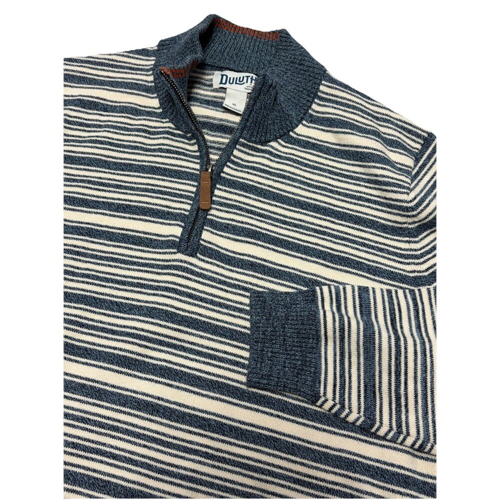 Men's DULUTH TRADING 1/4 Zip Mockneck Sweater Blue Mari Stripe XL